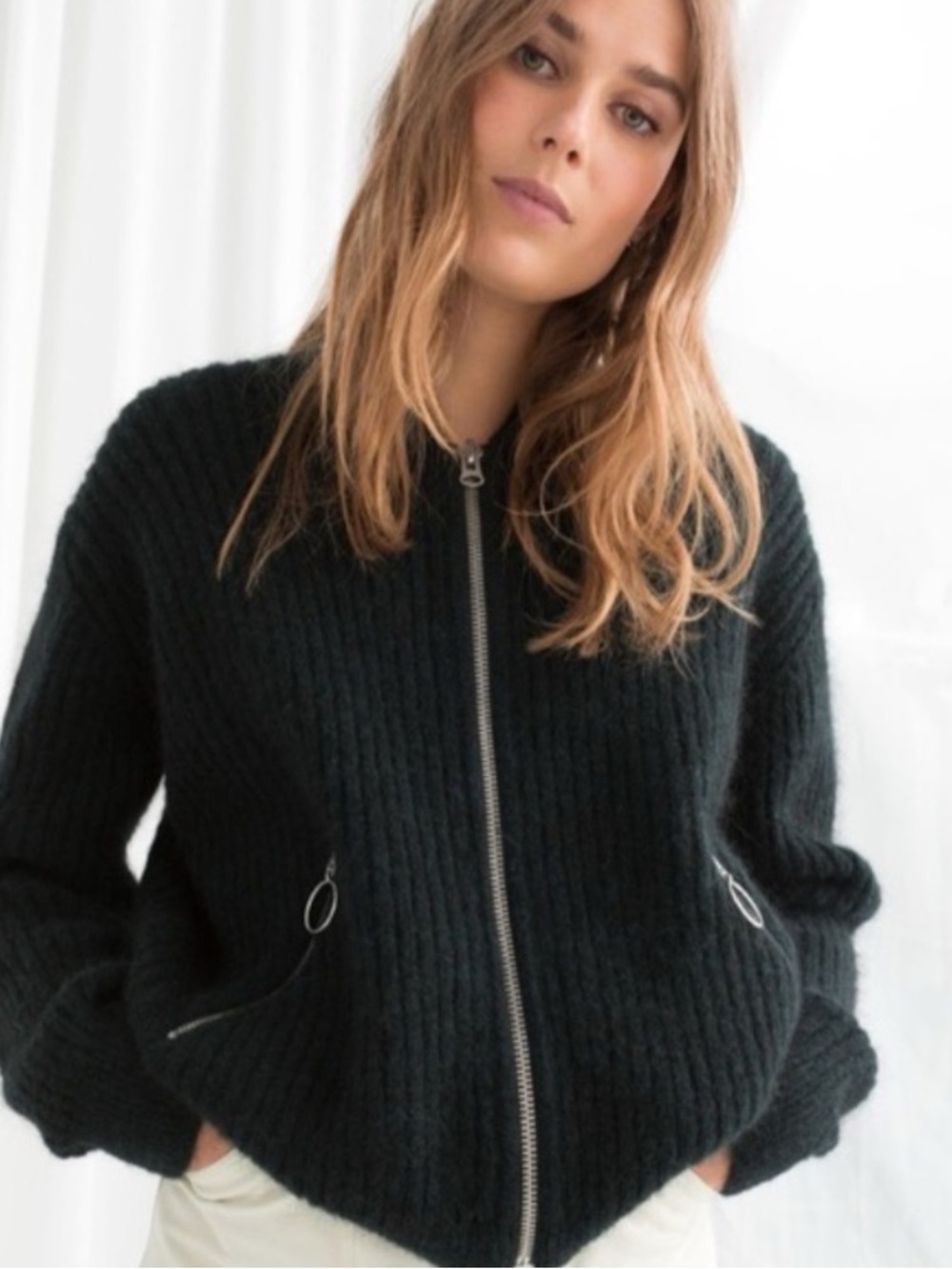 & Other Stories Stockholm Artelier Mohair Wool Blend Deep Green Bomber Jacket